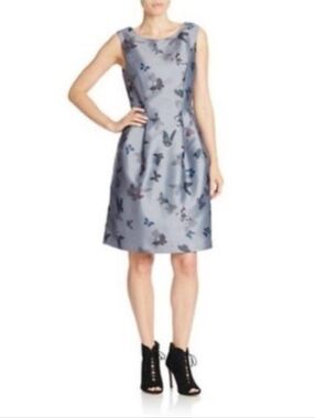 LORD & TAYLOR 424 FIFTH ELEGANT GRAY BUTTERFLY PRINT SLEEVELESS DRESS